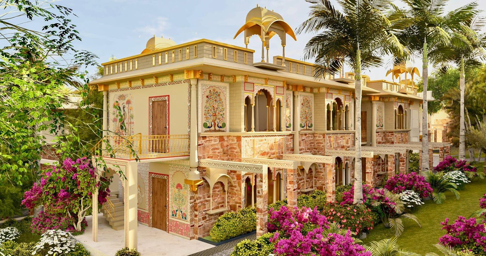 Painted haveli villas with golden chhatris and mural-covered sandstone walls