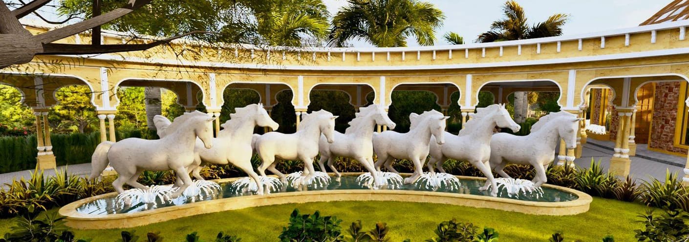 White horse fountain set within the arched courtyard at Sonagarh Fort Resort