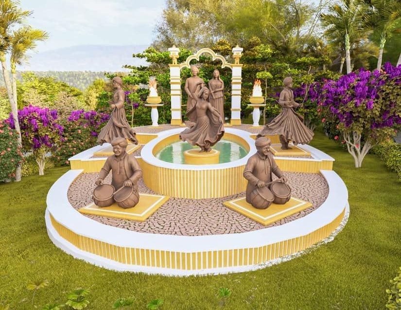 Bronze folk-dancer and drummer sculptures encircling the central fountain
