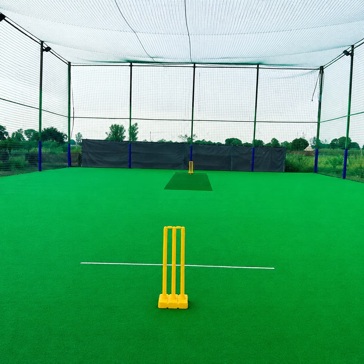 Box Cricket at Sonagarh Fort Resort — Netted box cricket turf pitch with stumps