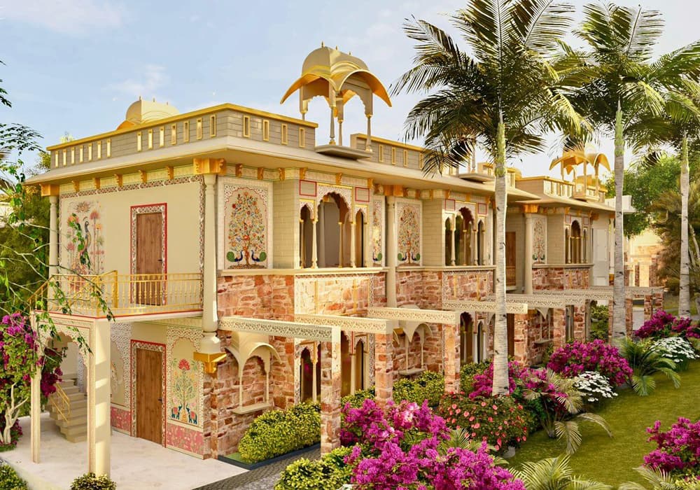 Heritage villa facade with hand-painted Rajasthani murals and bougainvillea
