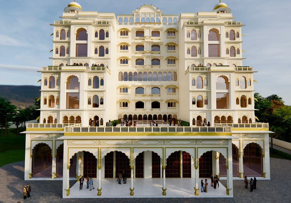 Multi-storey palace facade with jharokha windows above an arched banquet colonnade