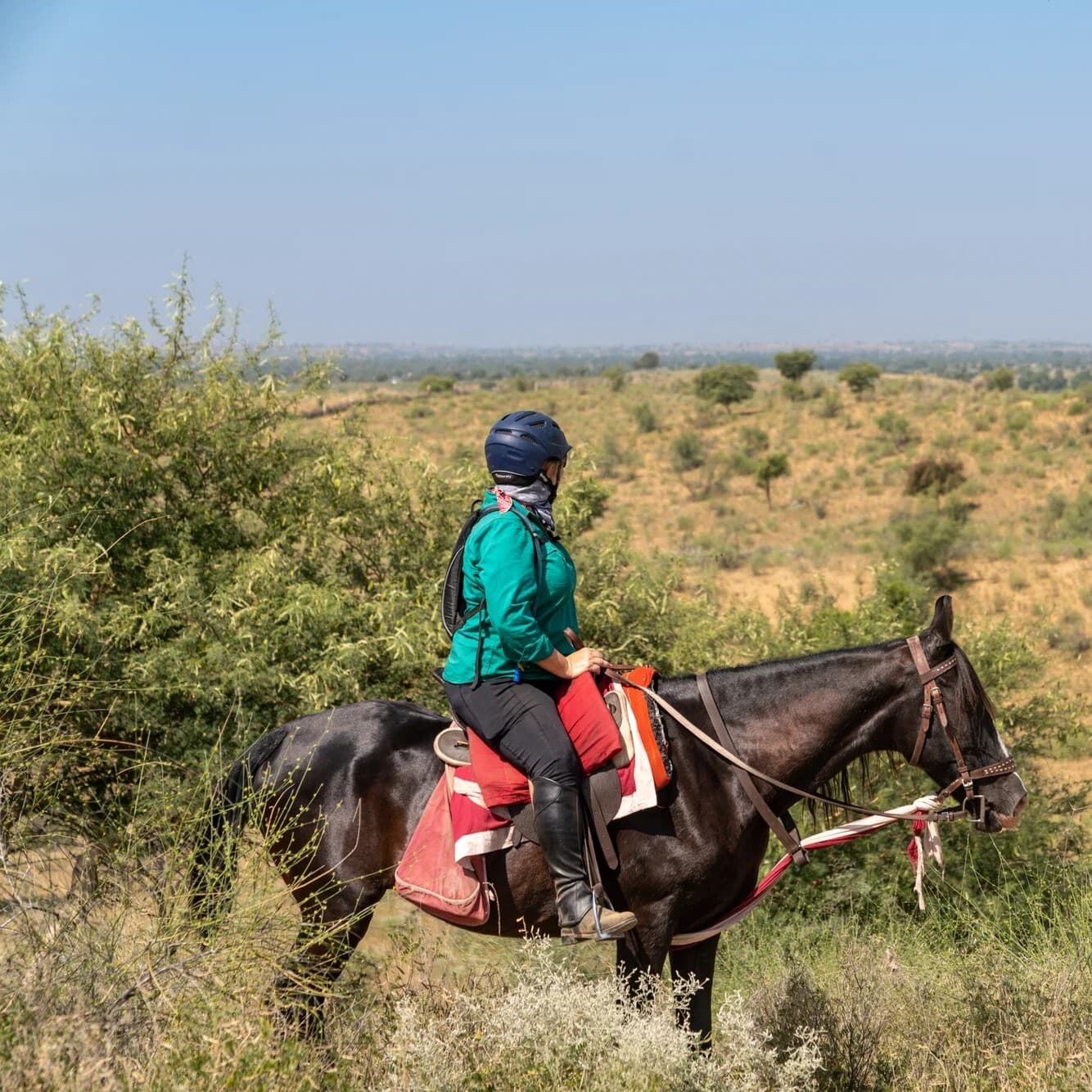 Horse Riding at Sonagarh Fort Resort — Rider on a Marwari horse overlooking the Rajasthan countryside
